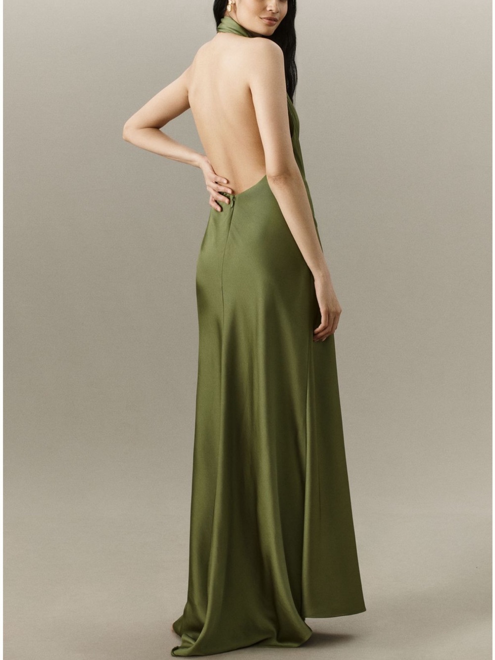 Satin Halter Maxi Dress in Olive Green with Draped Sash - Picture 2 of 4